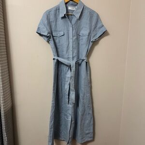 Real Comfort (14P) 100% linen blue button front shirt midi waist tie dress